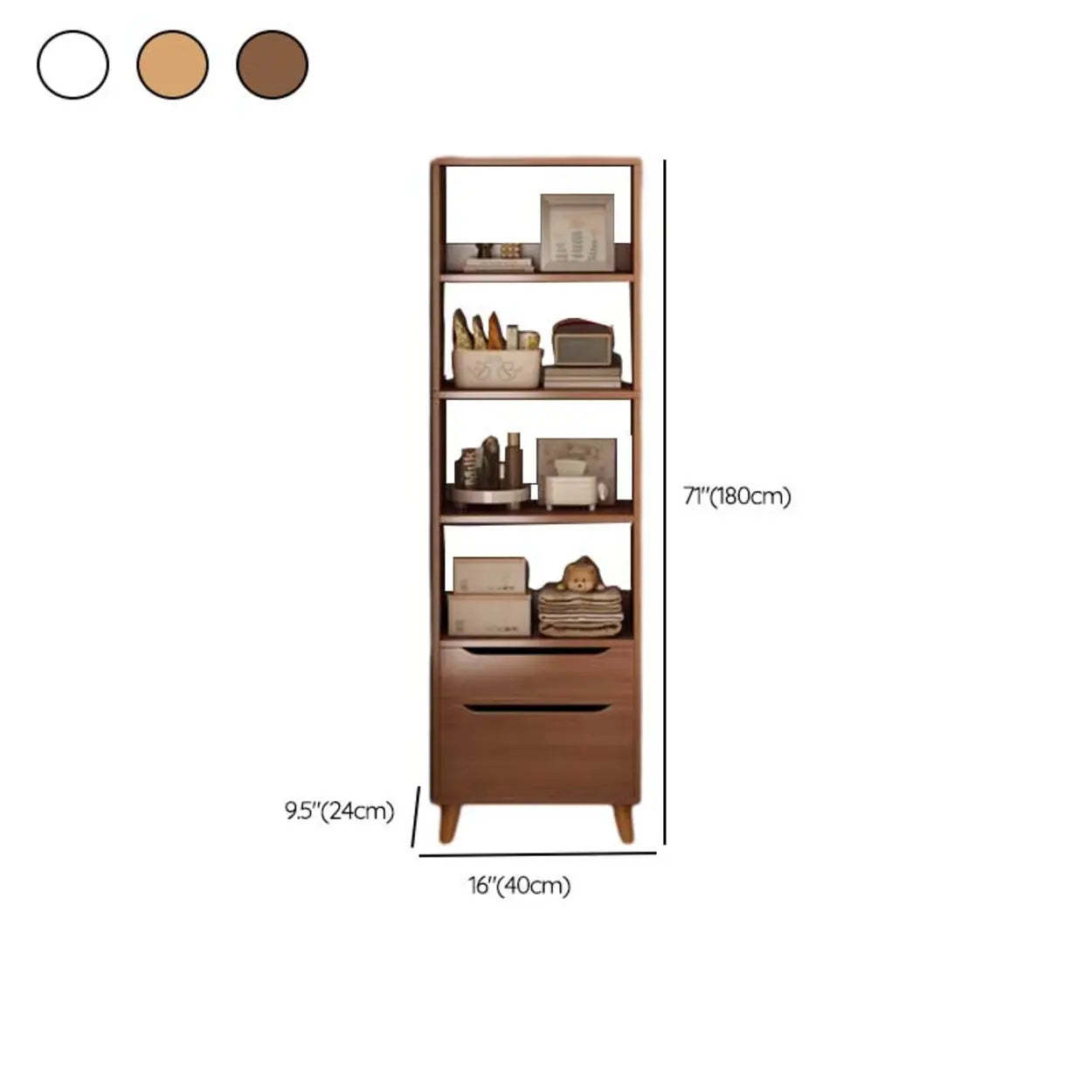 Classic Walnut Wood Narrow Bookcase with Drawers