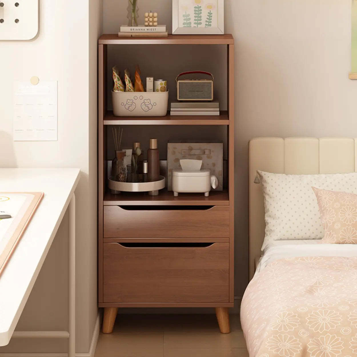 Classic Walnut Wood Narrow Bookcase with Drawers — Grey