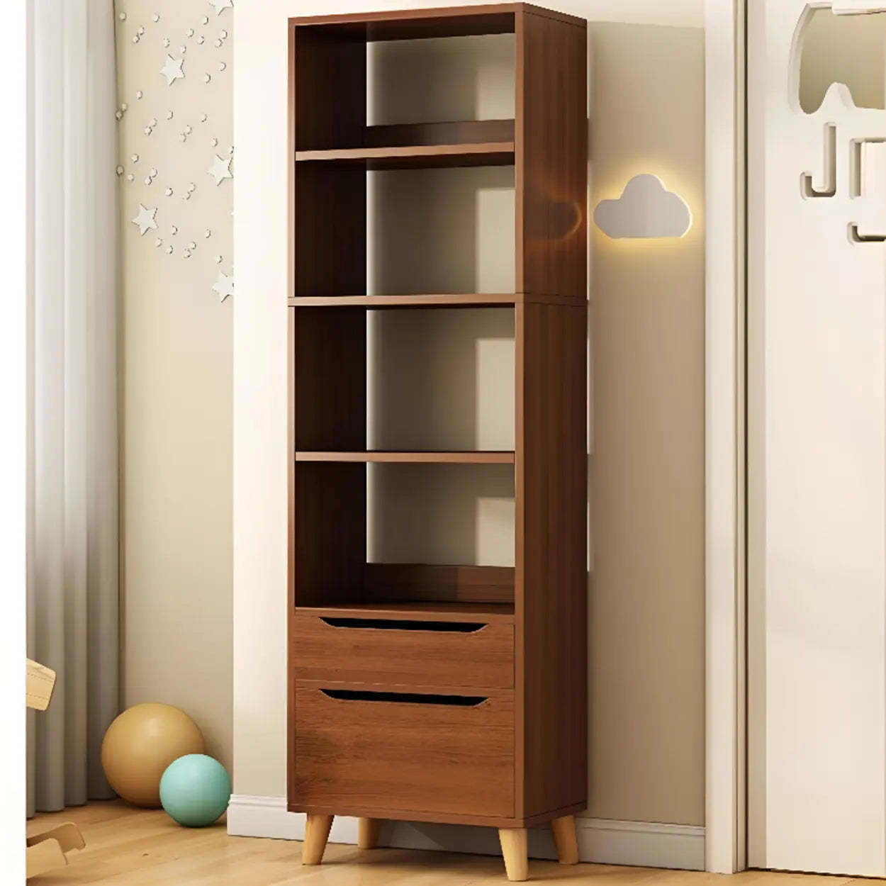Classic Walnut Wood Narrow Bookcase with Drawers — Grey