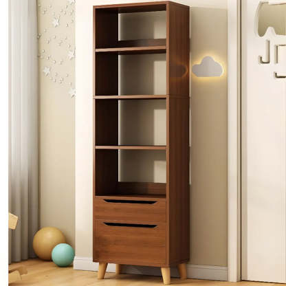 Classic Walnut Wood Narrow Bookcase with Drawers — Grey