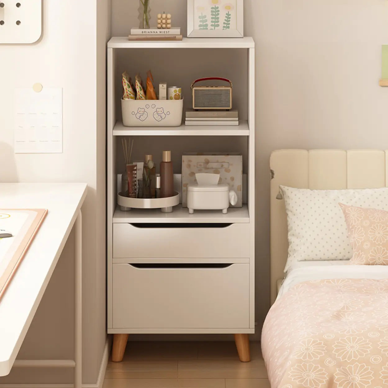 Classic Walnut Wood Narrow Bookcase with Drawers — Nut-Brown