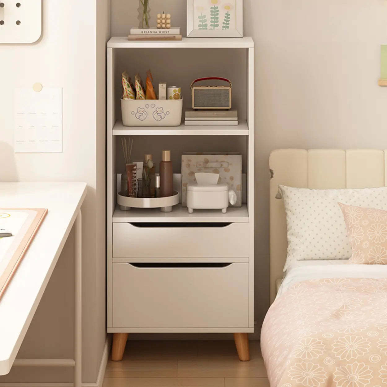 Classic Walnut Wood Narrow Bookcase with Drawers — Nut-Brown