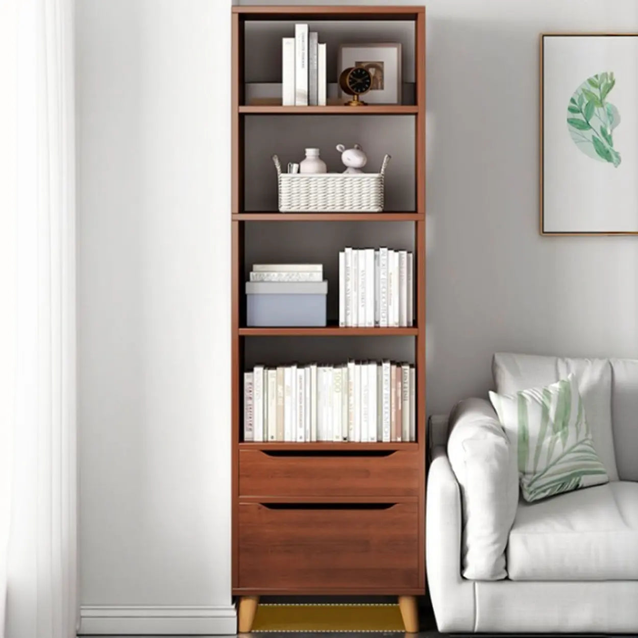Classic Walnut Wood Narrow Bookcase with Drawers — Nut-Brown