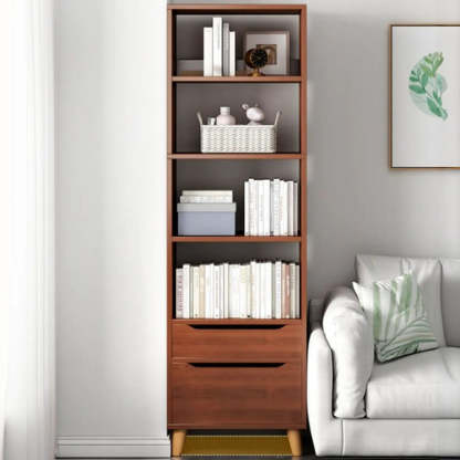 Classic Walnut Wood Narrow Bookcase with Drawers — Nut-Brown