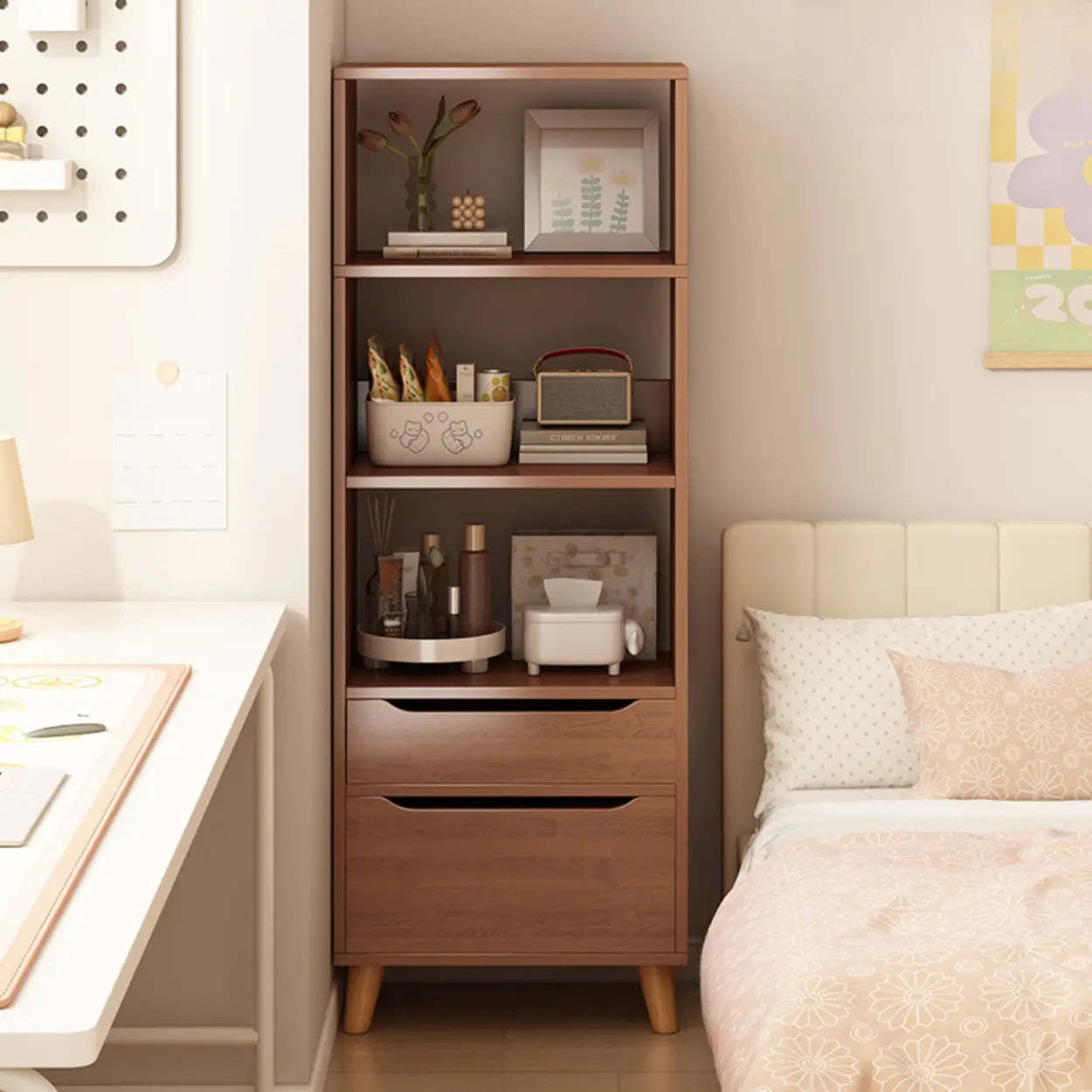 Classic Walnut Wood Narrow Bookcase with Drawers — Nut-Brown
