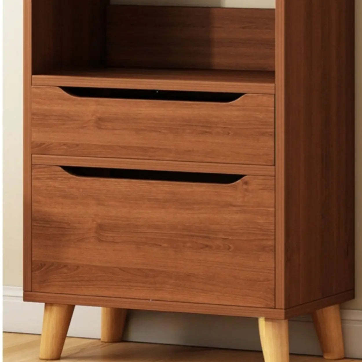 Classic Walnut Wood Narrow Bookcase with Drawers — Oak