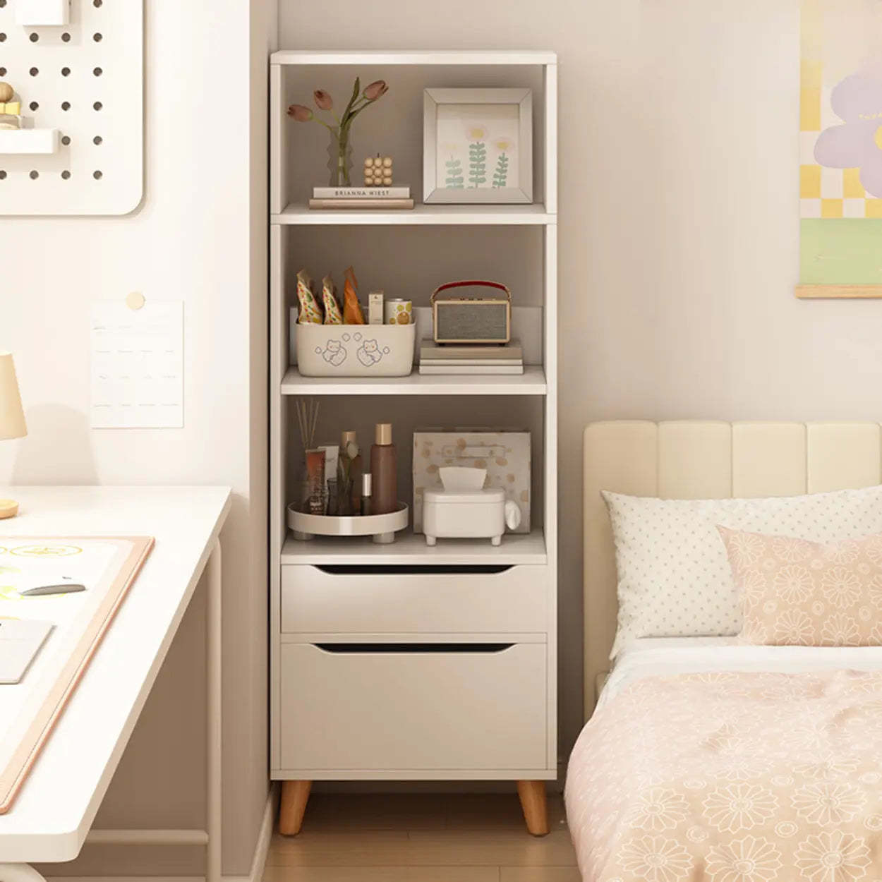 Classic Walnut Wood Narrow Bookcase with Drawers — Oak