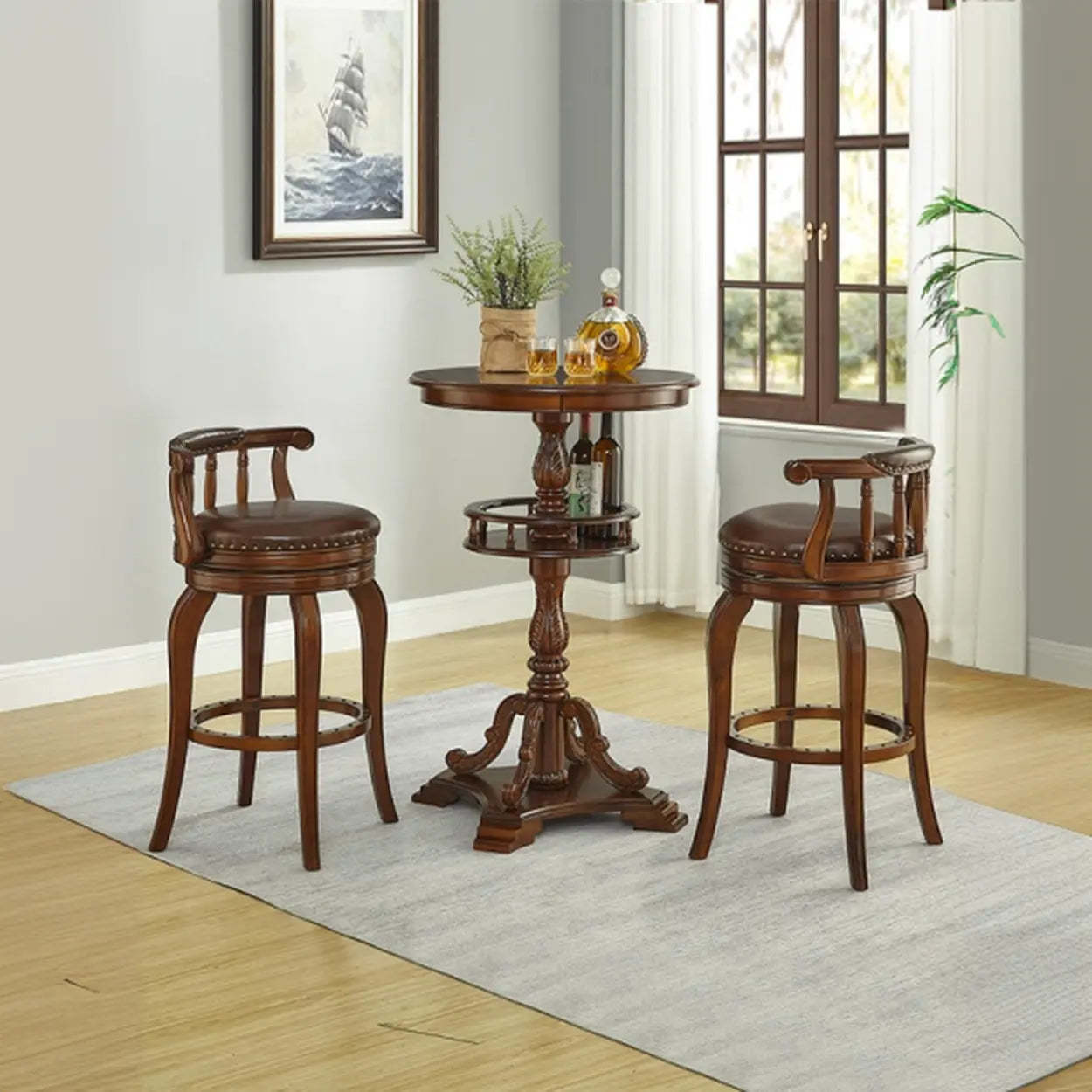 Vintage Round Brown Wood Counter Height Bar Table — Table Only