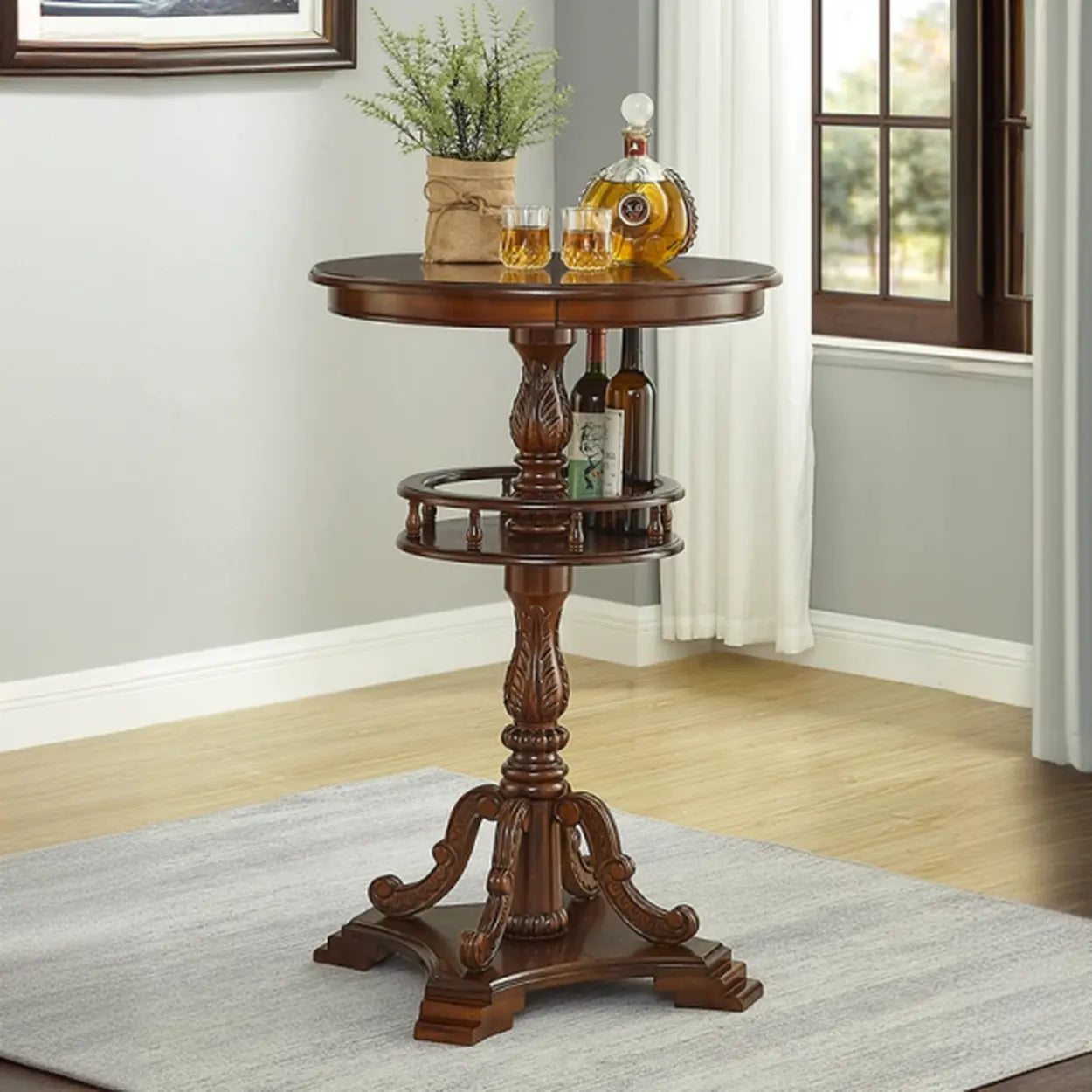 Vintage Round Brown Wood Counter Height Bar Table