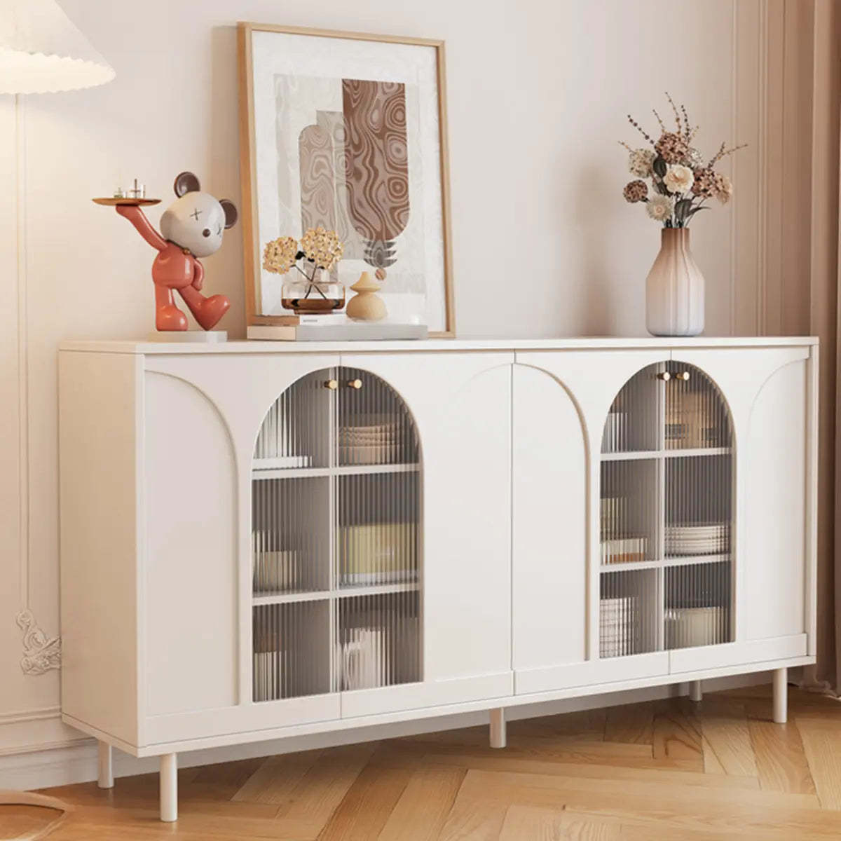 Classic White Wood Sideboard with Glass Doors — White