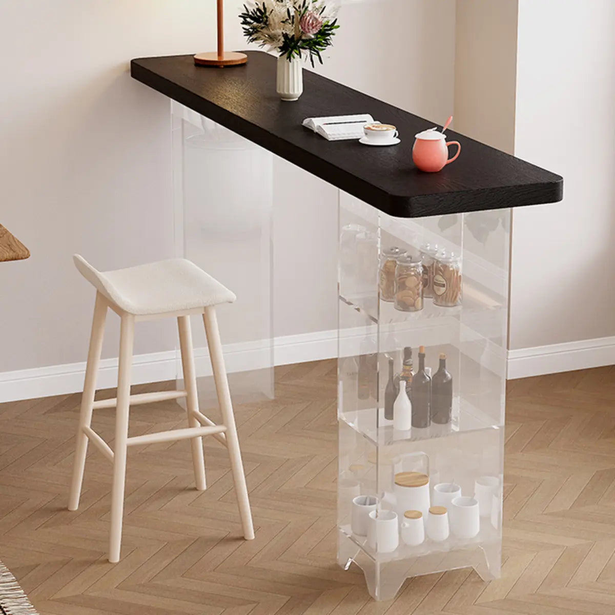 Clear Acrylic Shelf Black Rectangular Slate Bar Table — Without Chairs / Black