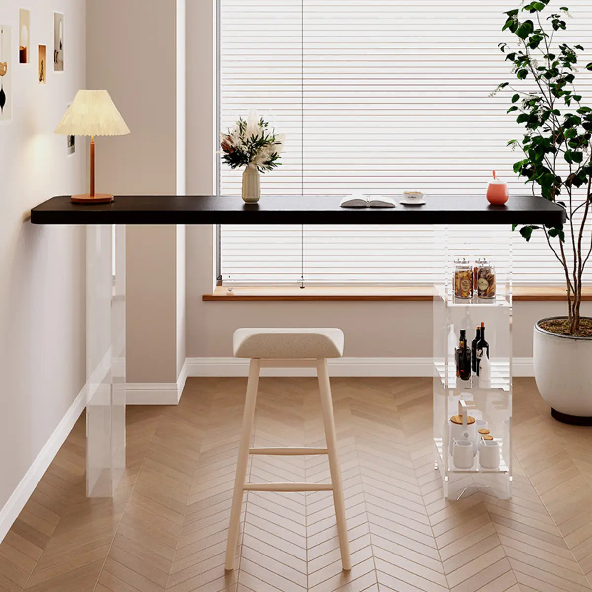 Clear Acrylic Shelf Black Rectangular Slate Bar Table — Without Chairs / White