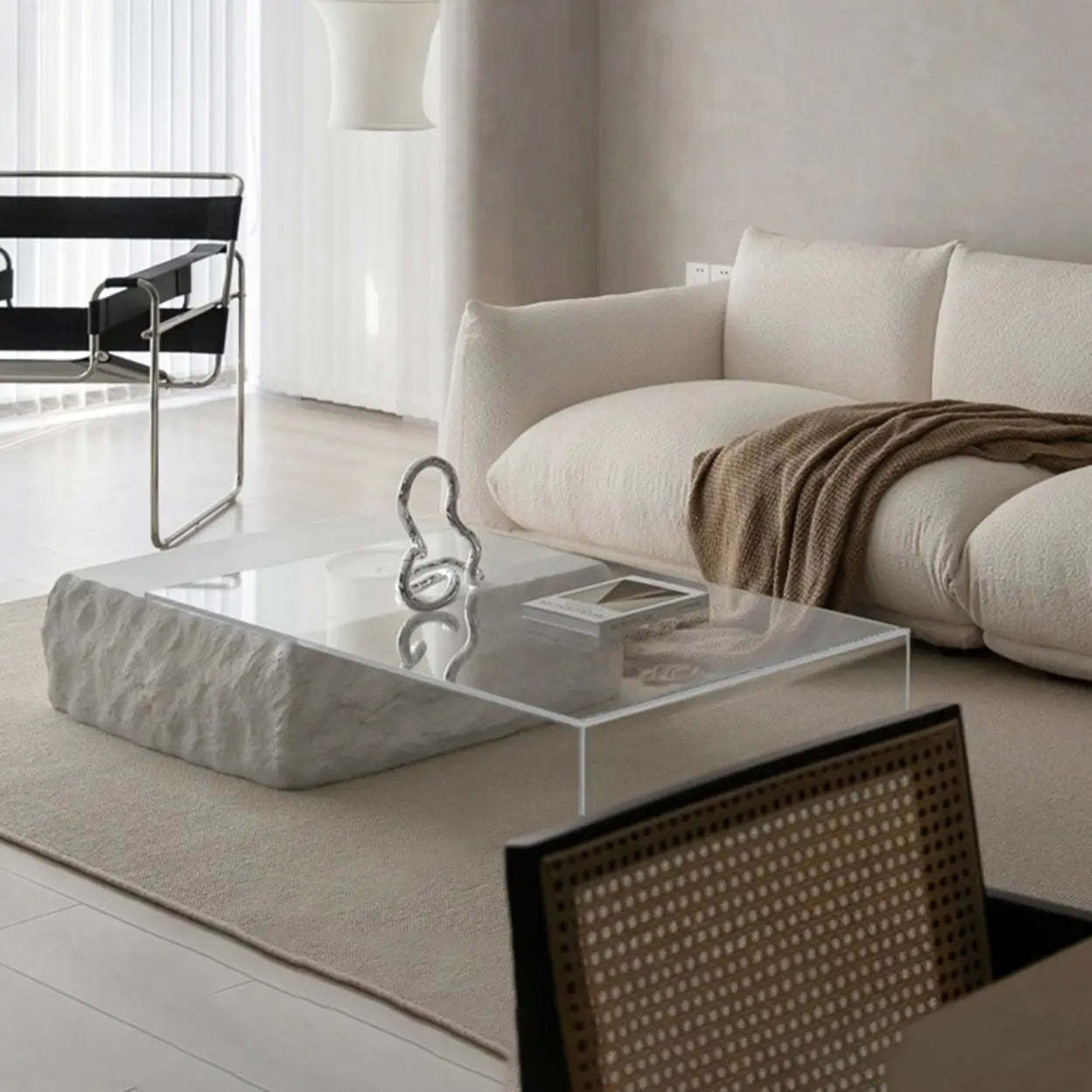 Clear Glass White Double-Pedestal Coffee Table