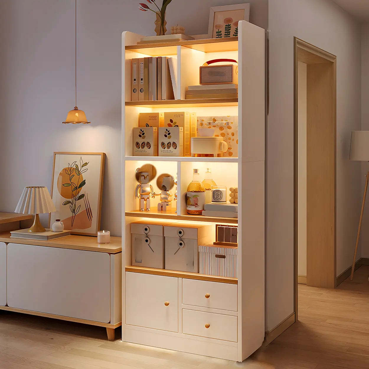 Modern vertical storage wood bookcases — 23.6"L x 9.4"W x 70.9"H / White