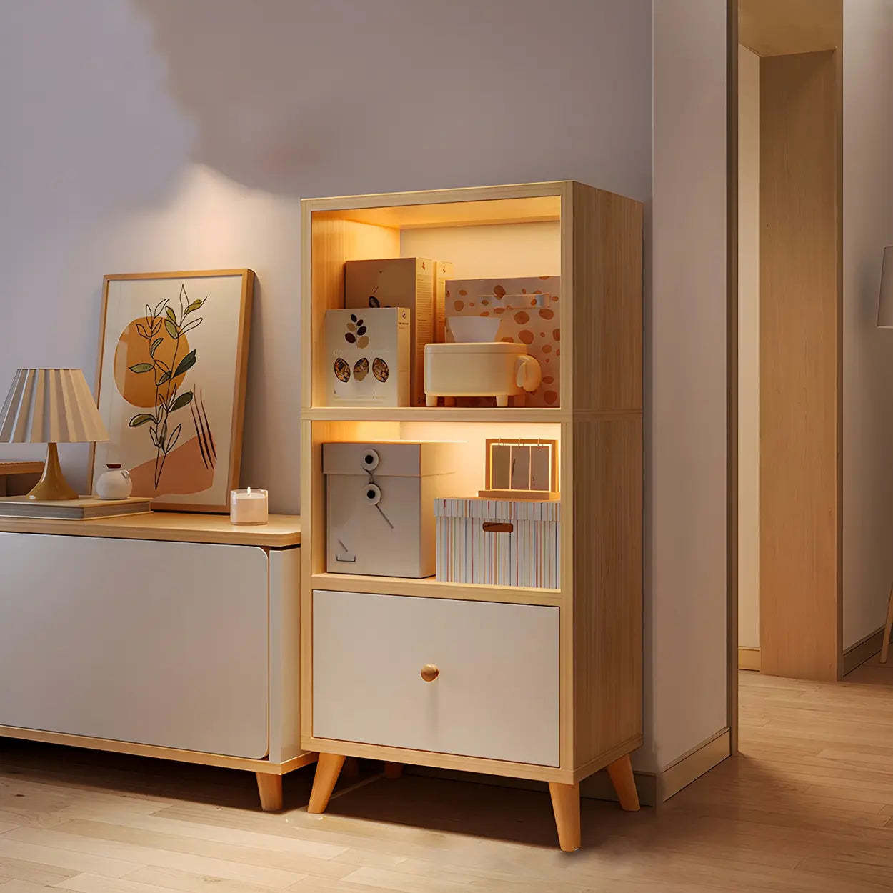 Wood fabric storage vertical bookcases - modern