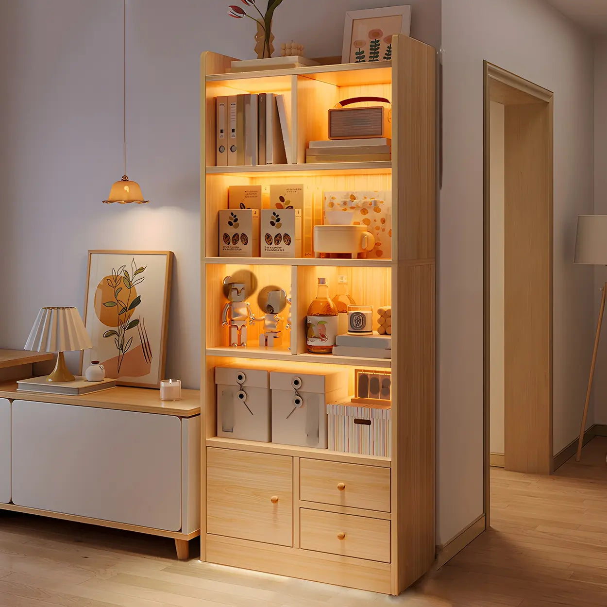 Vertical Wood Storage Bookcase — Natural Finish