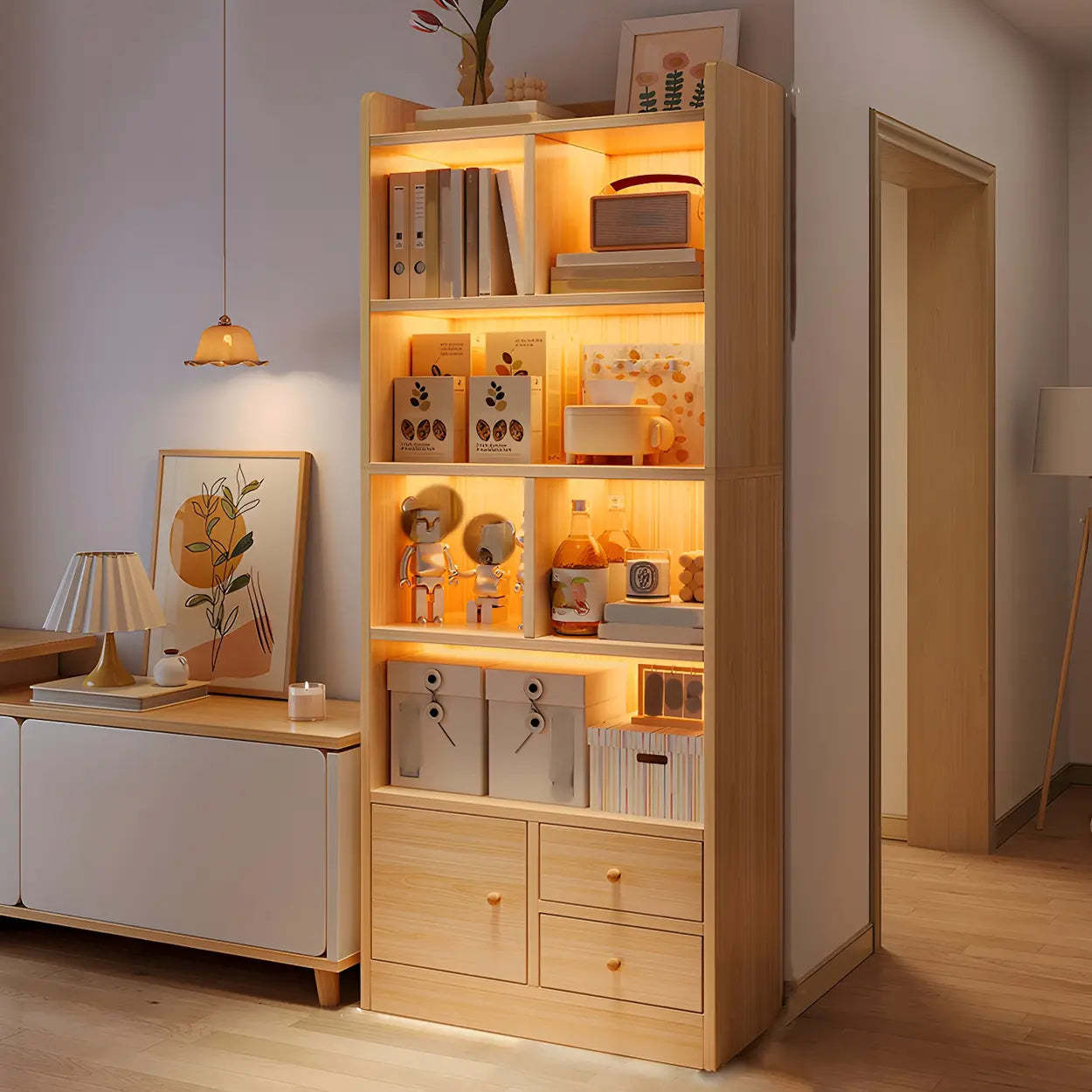 Vertical Wood Storage Bookcase — Natural Finish