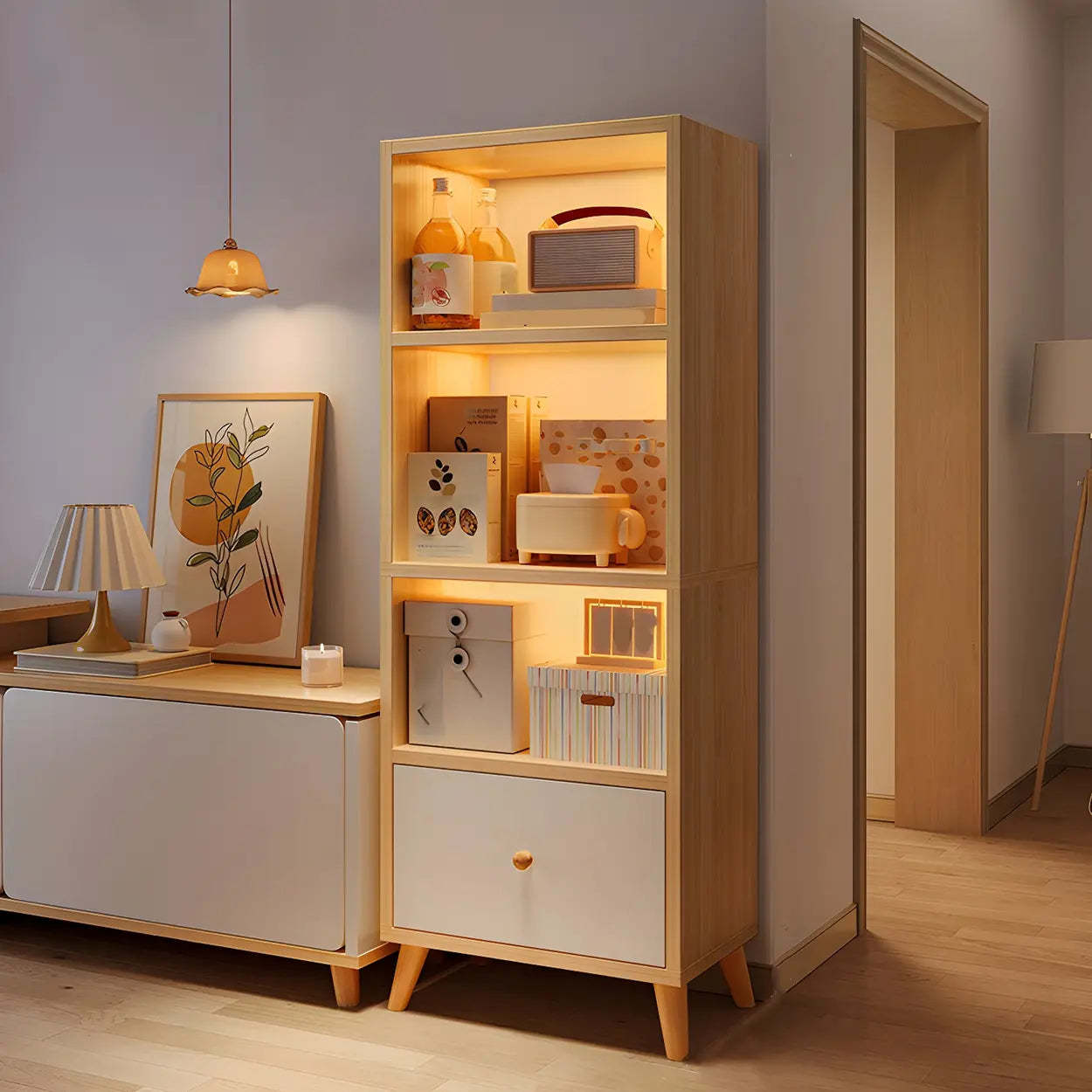 Vertical Wood Storage Bookcase — Natural Finish