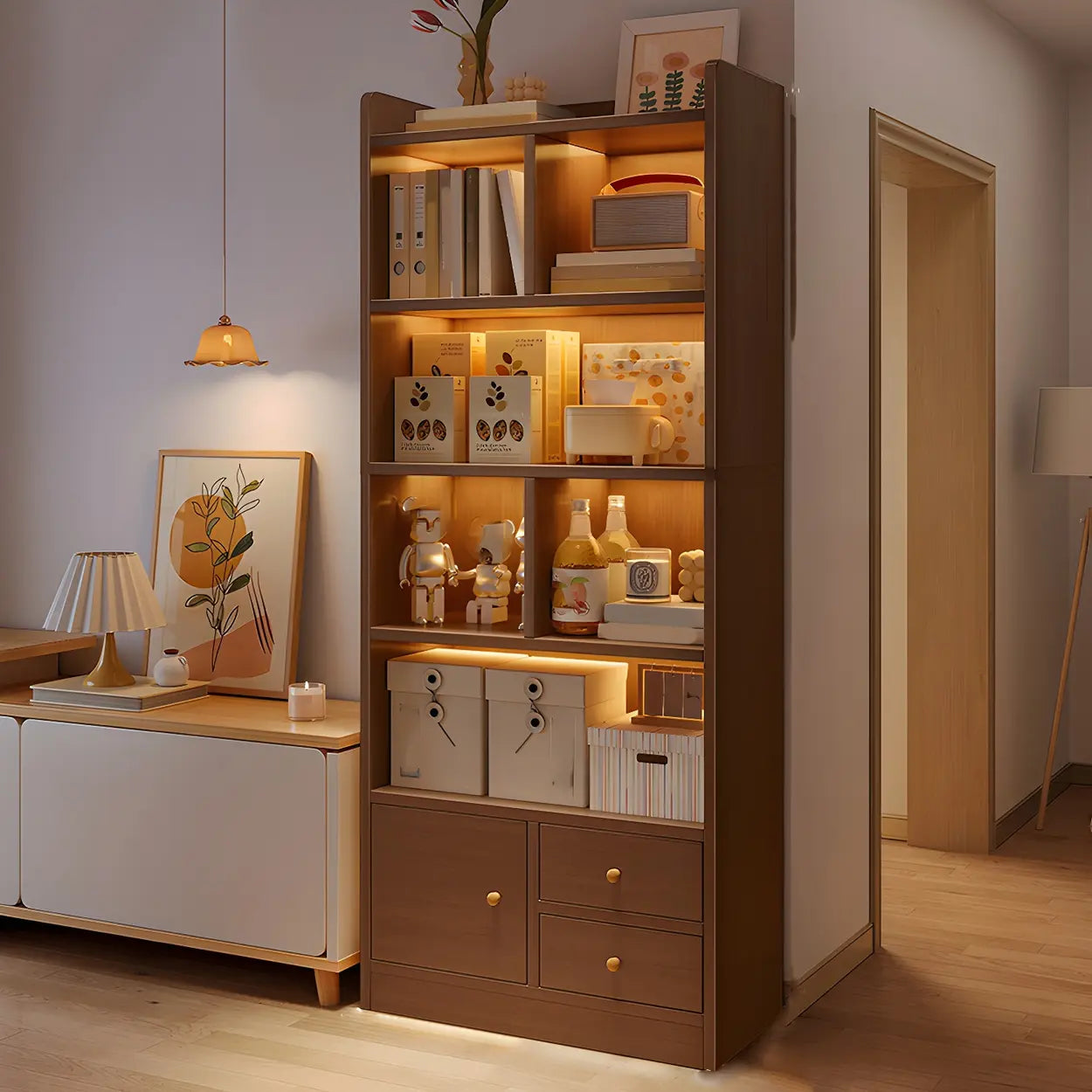 Vertical Wood Storage Bookcase — Dark Walnut