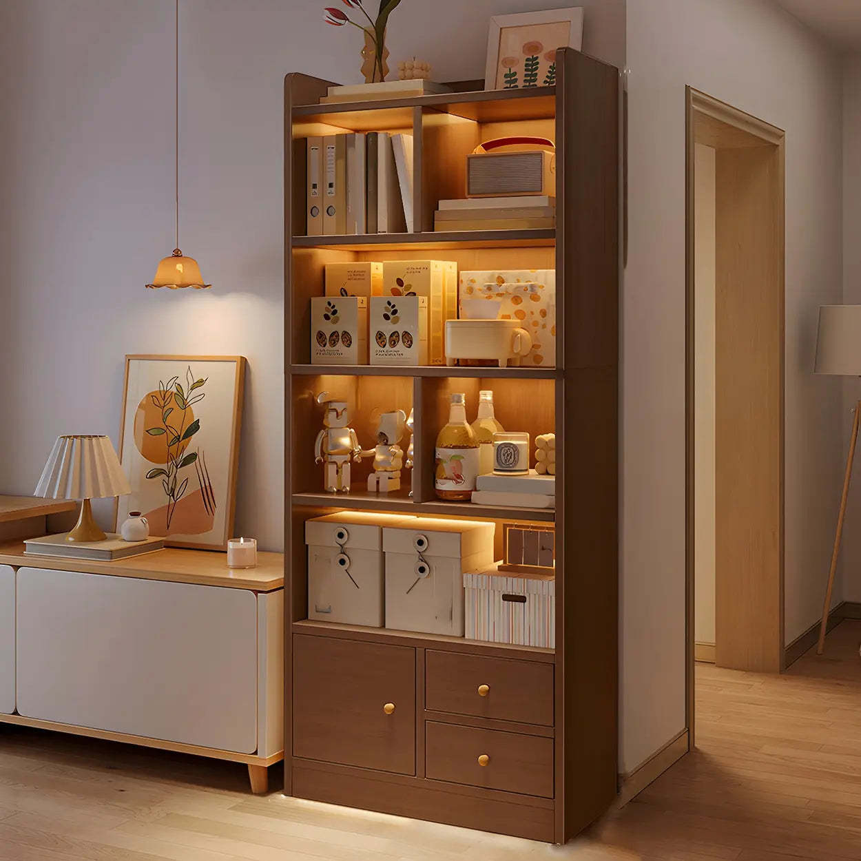 Vertical Wood Storage Bookcase — Dark Walnut