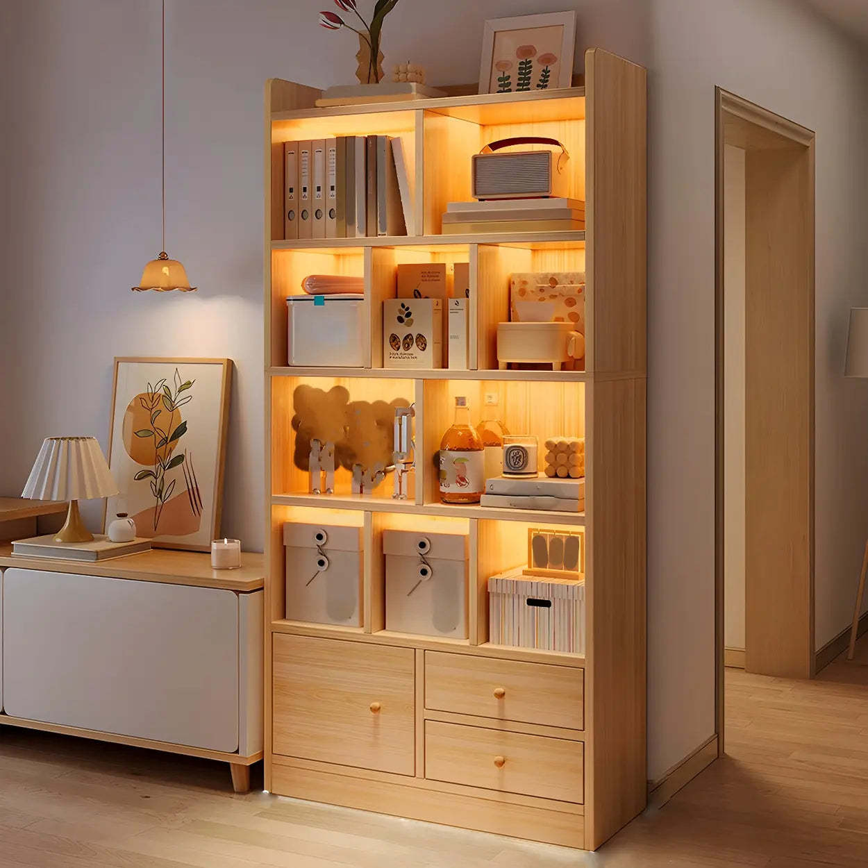 Vertical Wood Storage Bookcase — Natural Finish