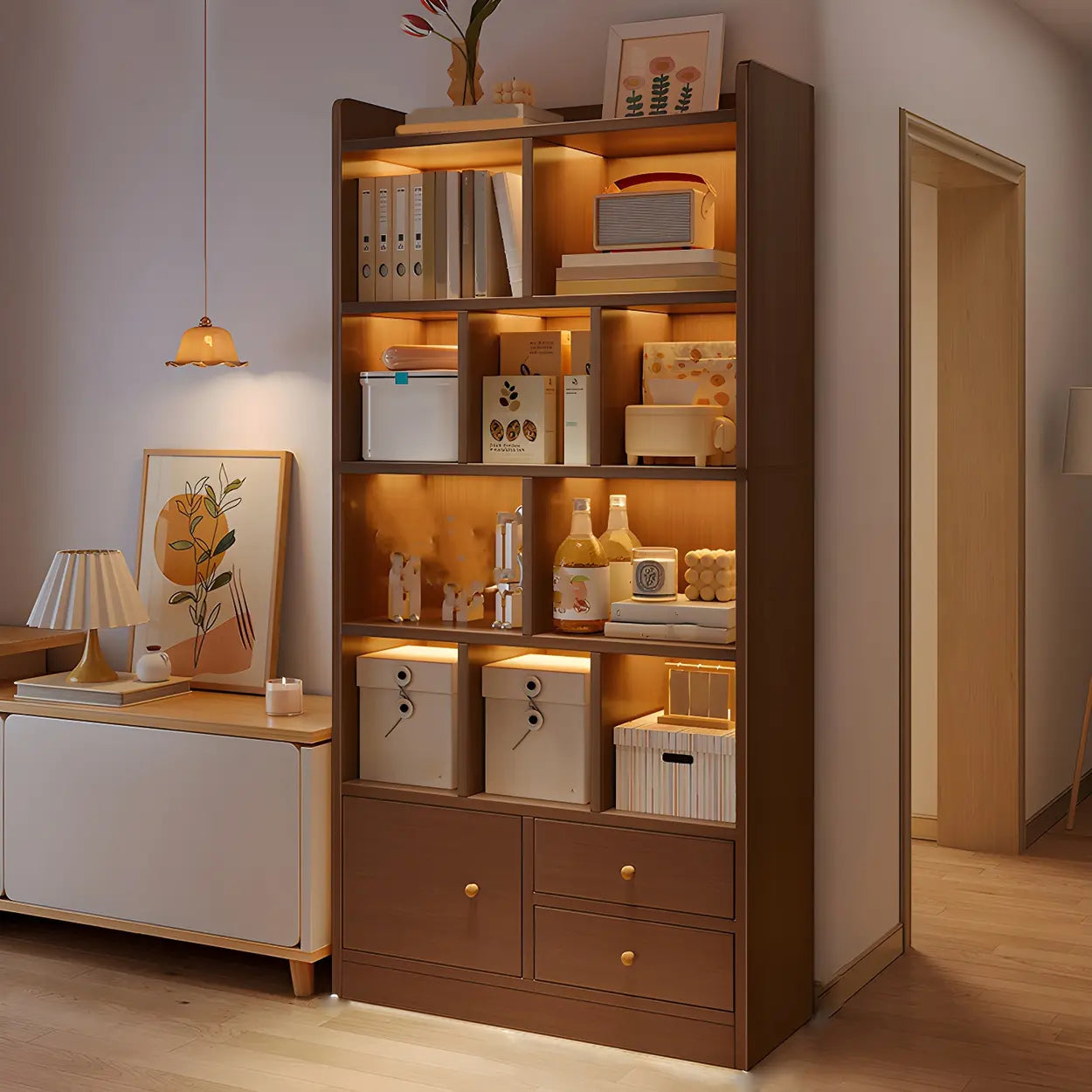 Vertical Wood Storage Bookcase — Dark Walnut