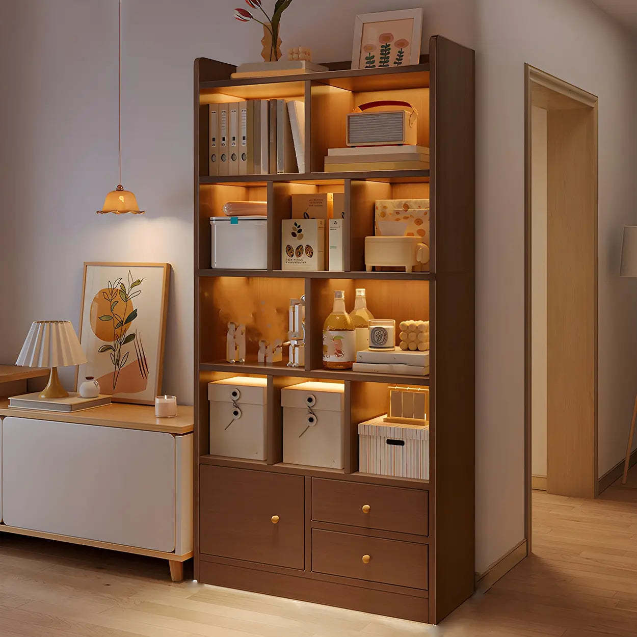 Vertical Wood Storage Bookcase — Dark Walnut