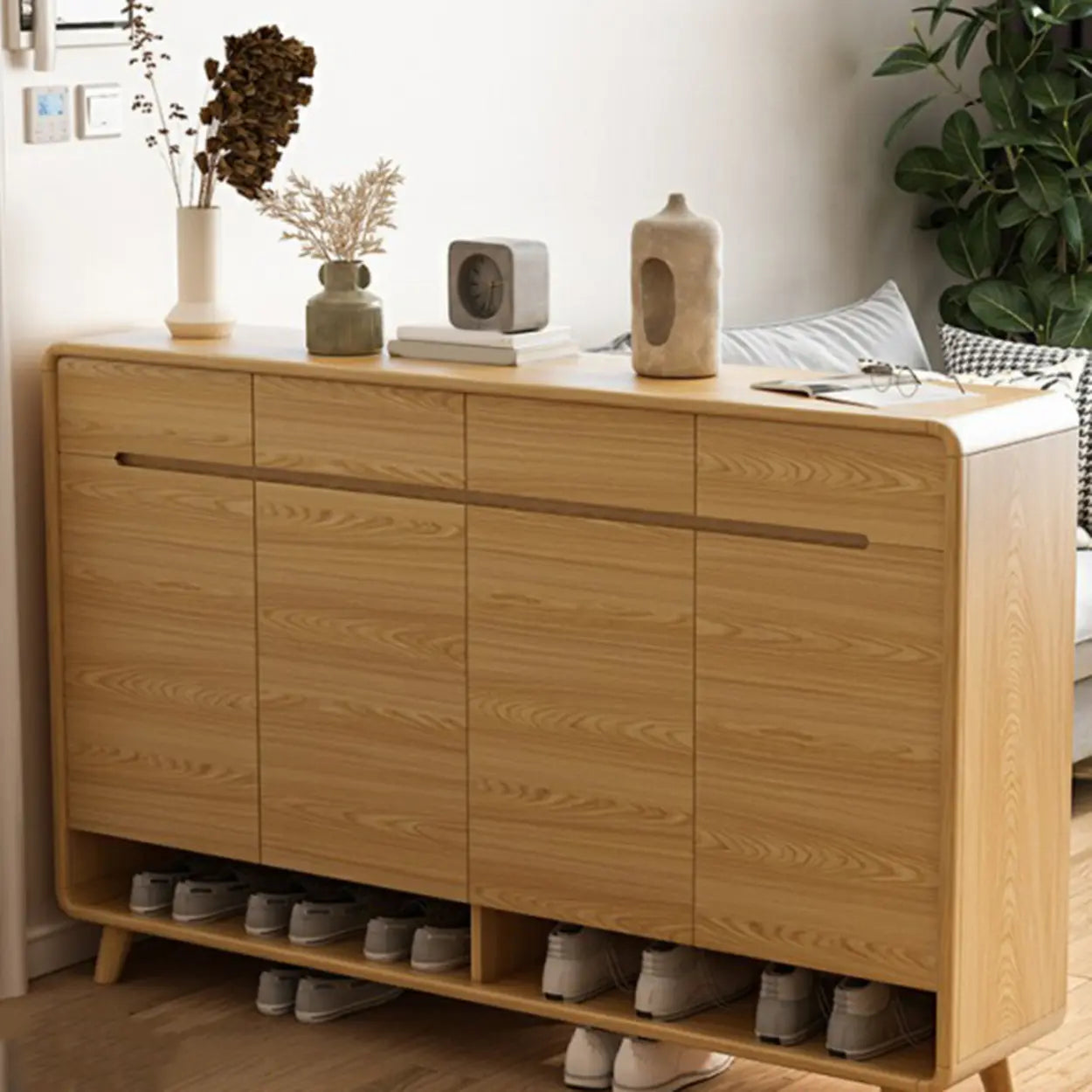 Closed-Back Oak Wood Hallway Shoe Storage with Drawers