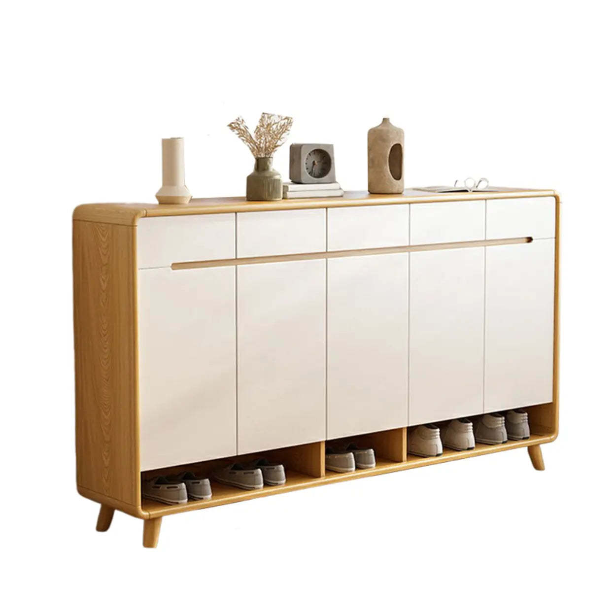 Closed-Back Oak Wood Hallway Shoe Storage with Drawers — Natural/ White
