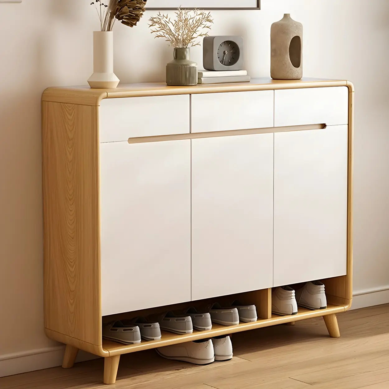 Closed-Back Oak Wood Hallway Shoe Storage with Drawers — Natural Finish