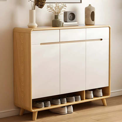 Closed-Back Oak Wood Hallway Shoe Storage with Drawers — Natural Finish