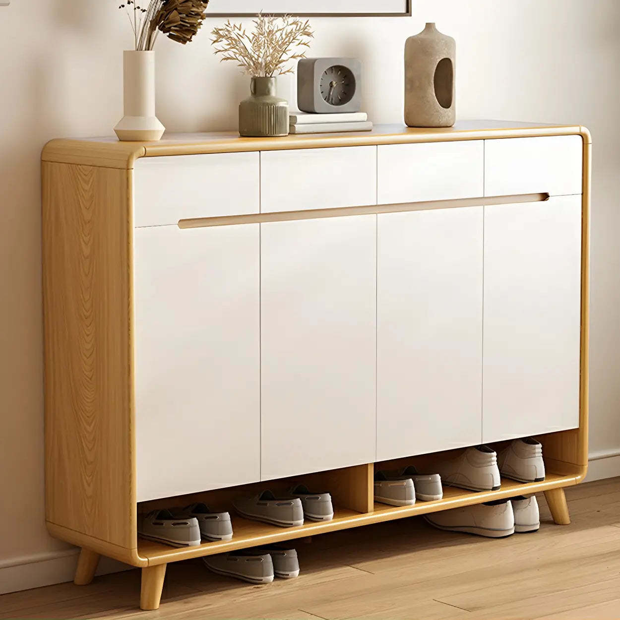 Closed-Back Oak Wood Hallway Shoe Storage with Drawers