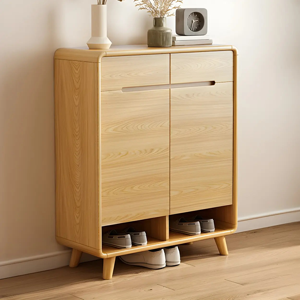 Closed-Back Oak Wood Hallway Shoe Storage with Drawers — Natural/ White