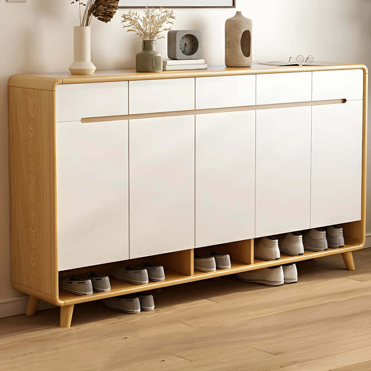 Closed-Back Oak Wood Hallway Shoe Storage with Drawers