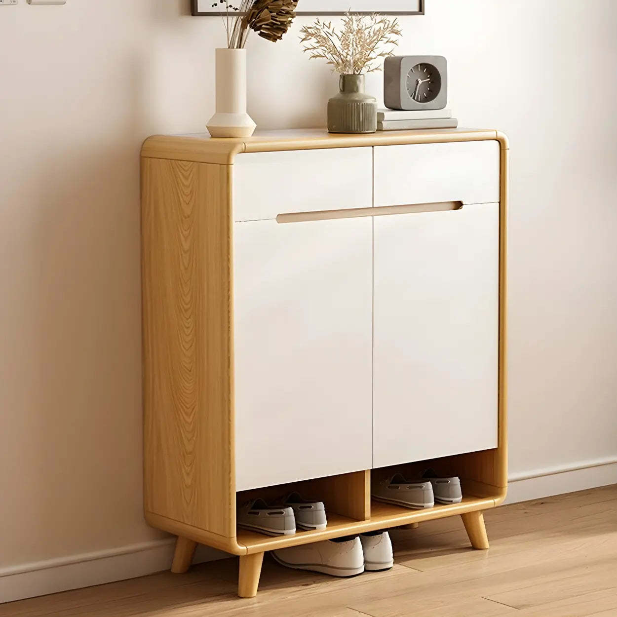Closed-Back Oak Wood Hallway Shoe Storage with Drawers — Natural Finish