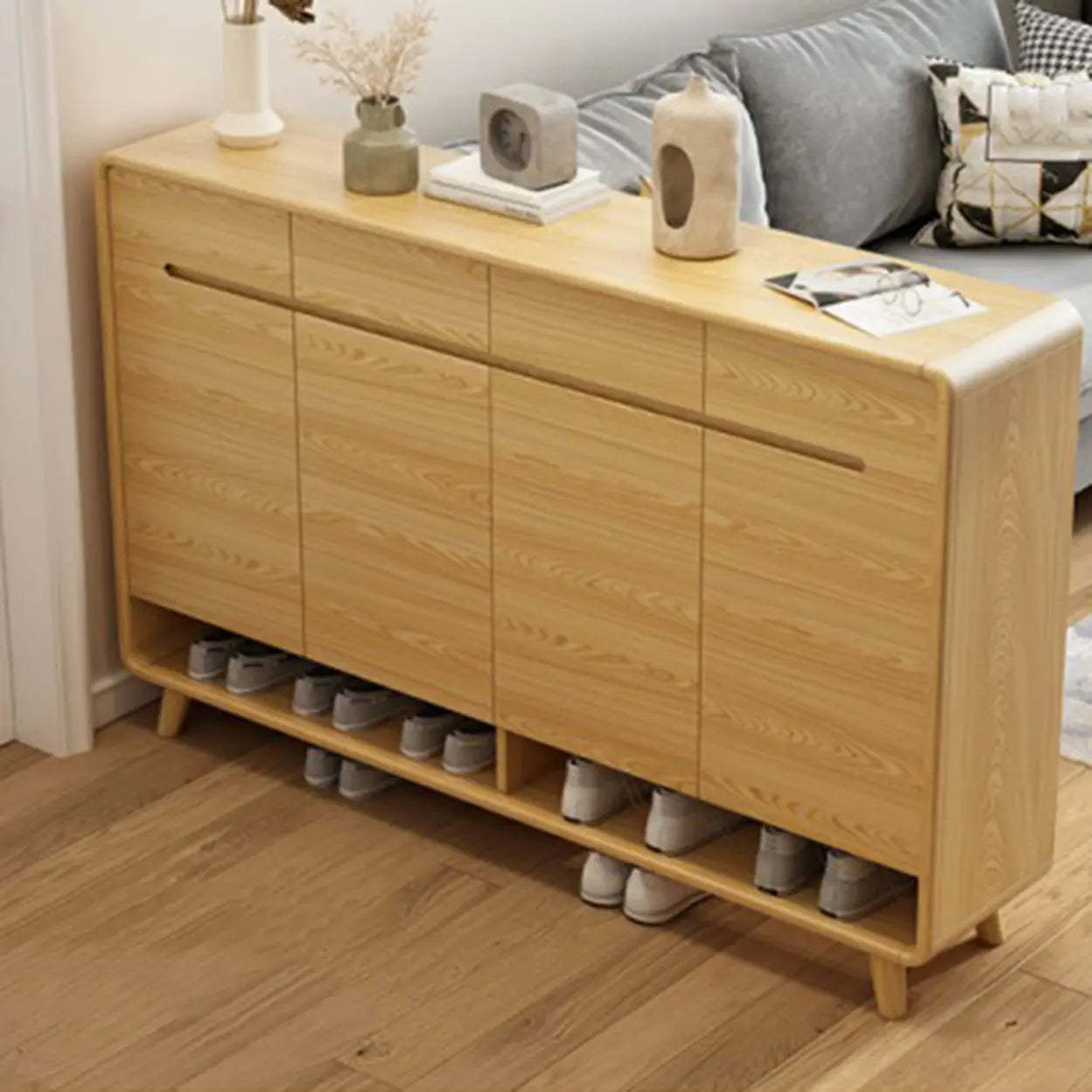 Closed-Back Oak Wood Hallway Shoe Storage with Drawers — Natural/ White