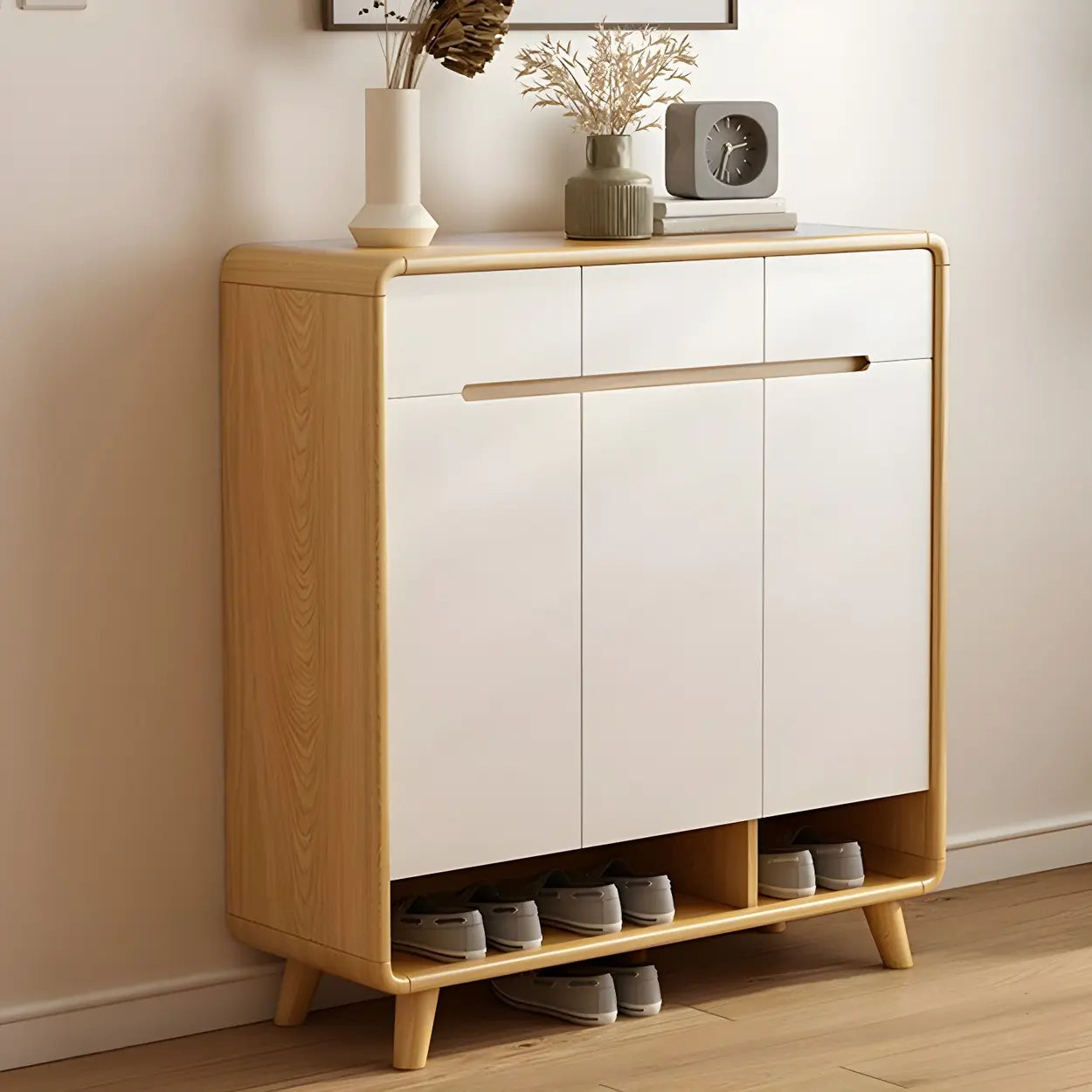 Closed-Back Oak Wood Hallway Shoe Storage with Drawers — Natural Finish