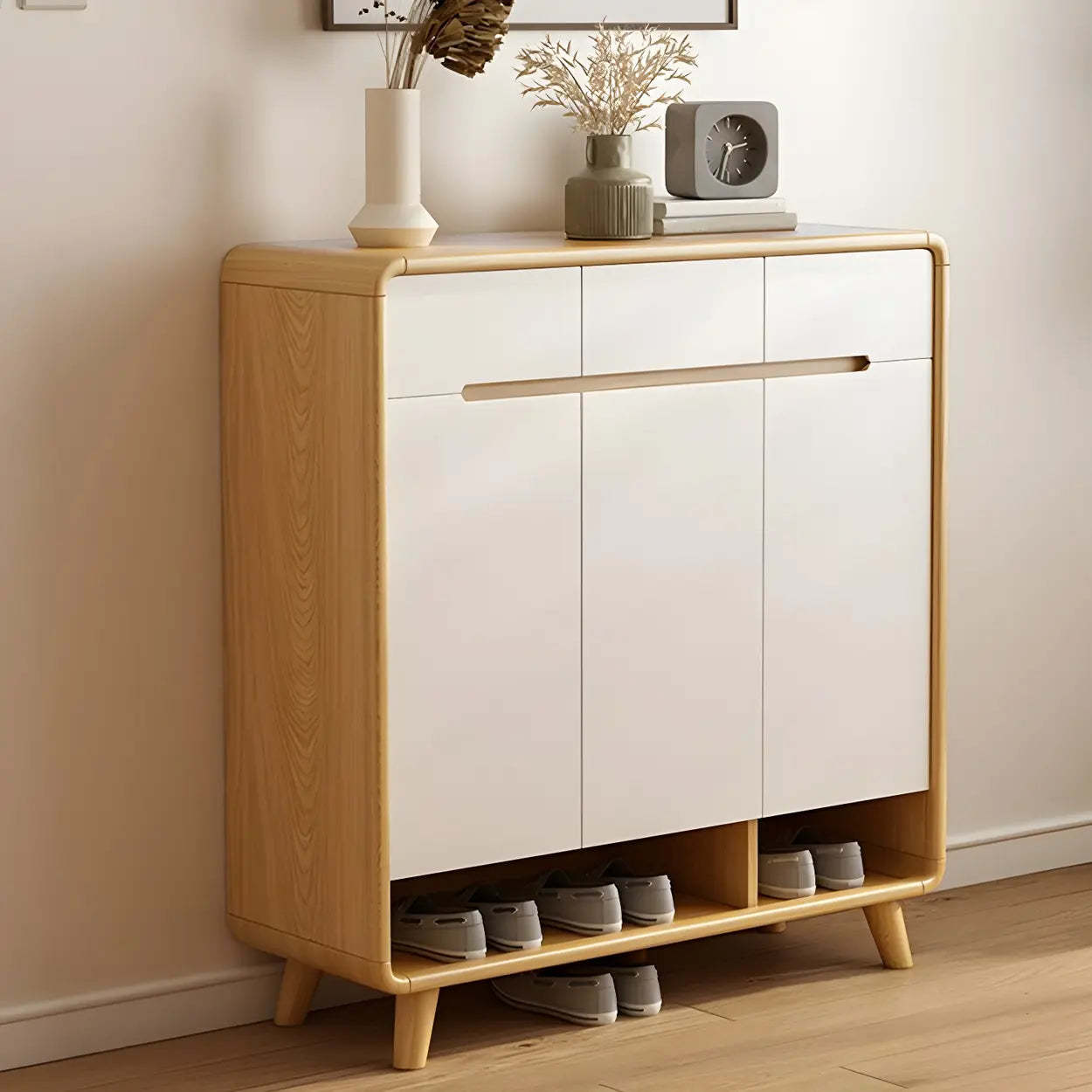 Closed-Back Oak Wood Hallway Shoe Storage with Drawers — Natural Finish