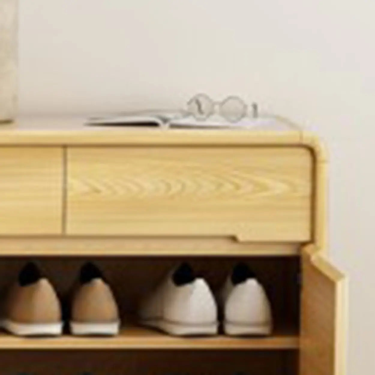 Closed-Back Oak Wood Hallway Shoe Storage with Drawers — Natural/ White