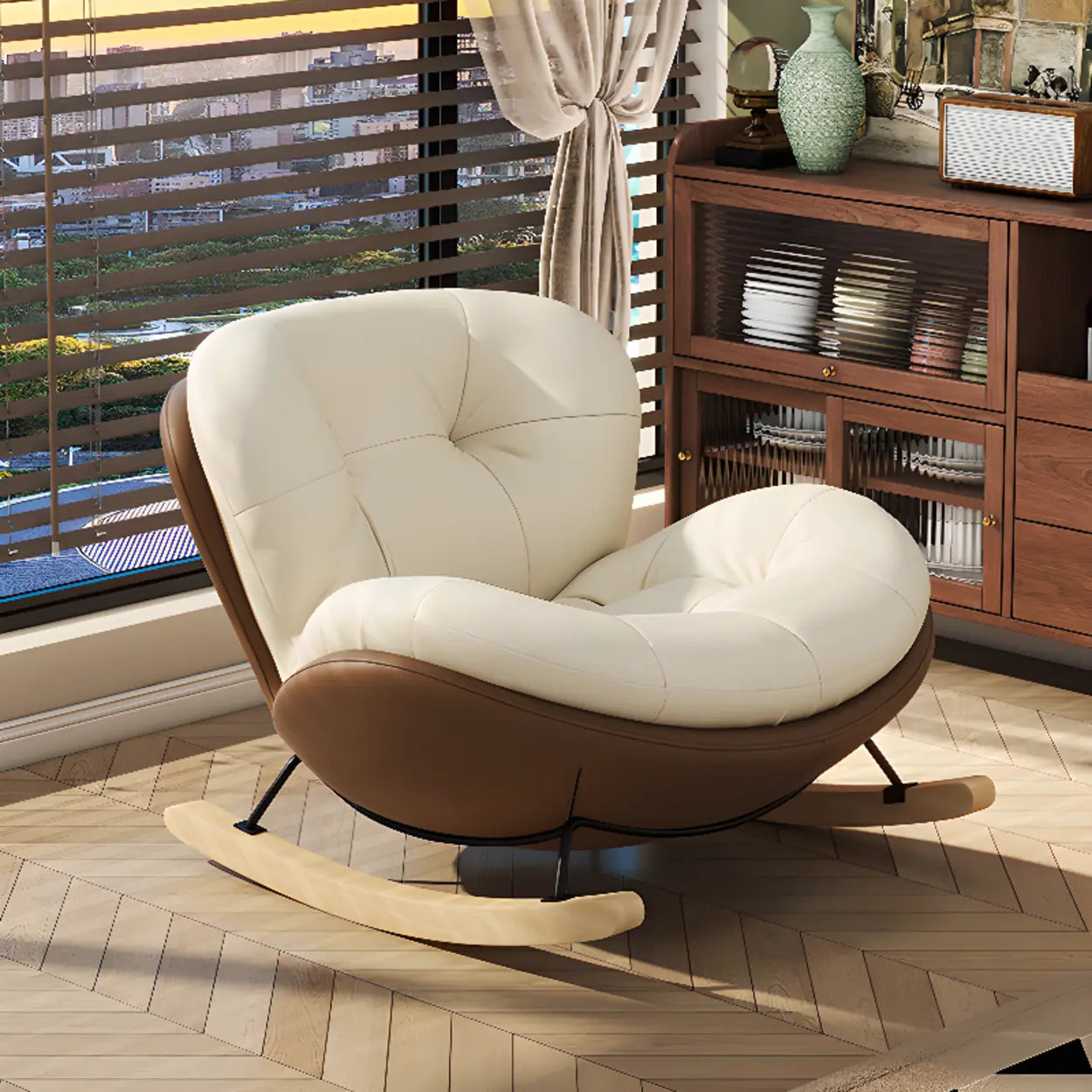 Coffee Stain-Resistant Tufted Natural Leg Rocking Chair — Blue / Rocking Chair