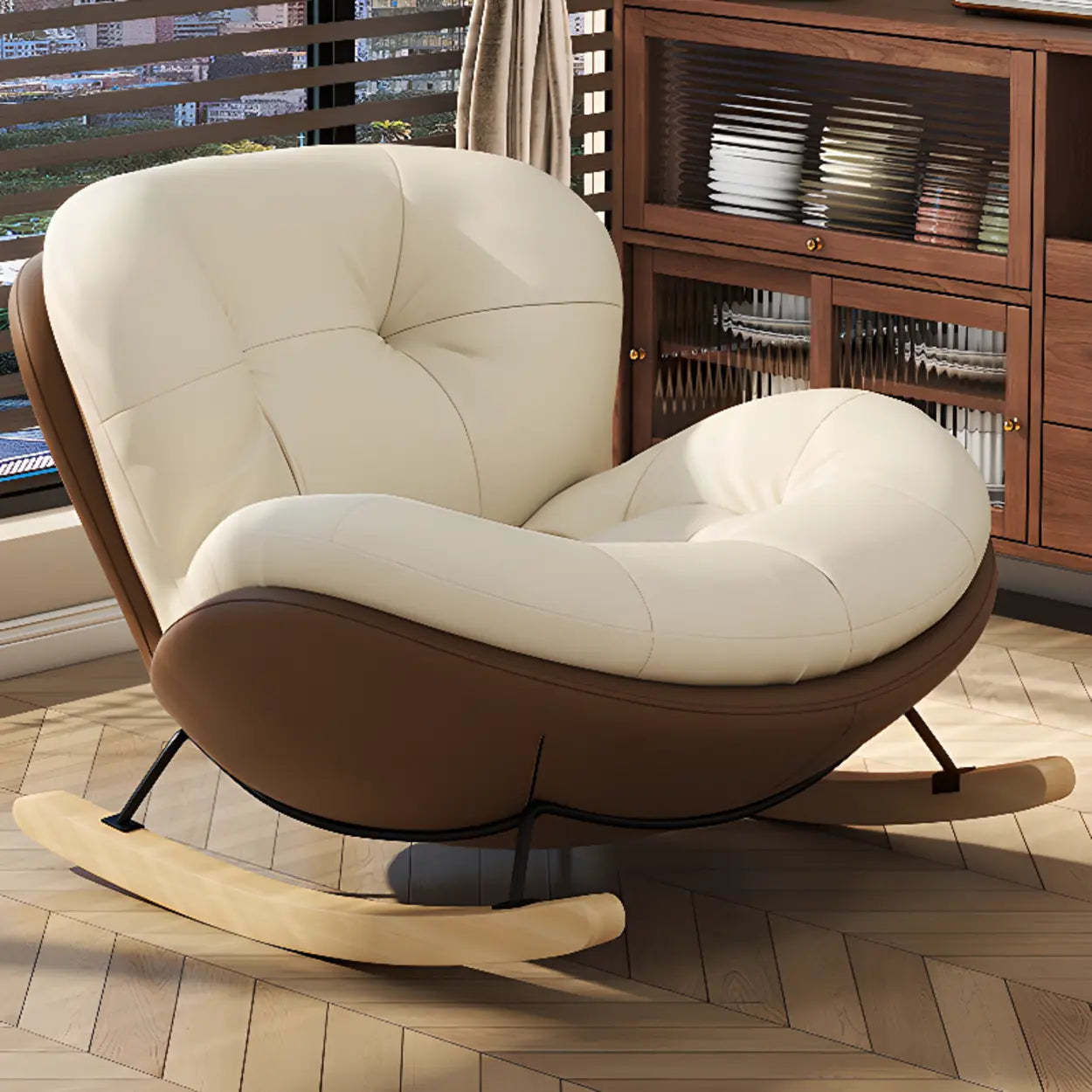 Coffee Stain-Resistant Tufted Natural Leg Rocking Chair — Blue / Rocking Chair with Ottomans