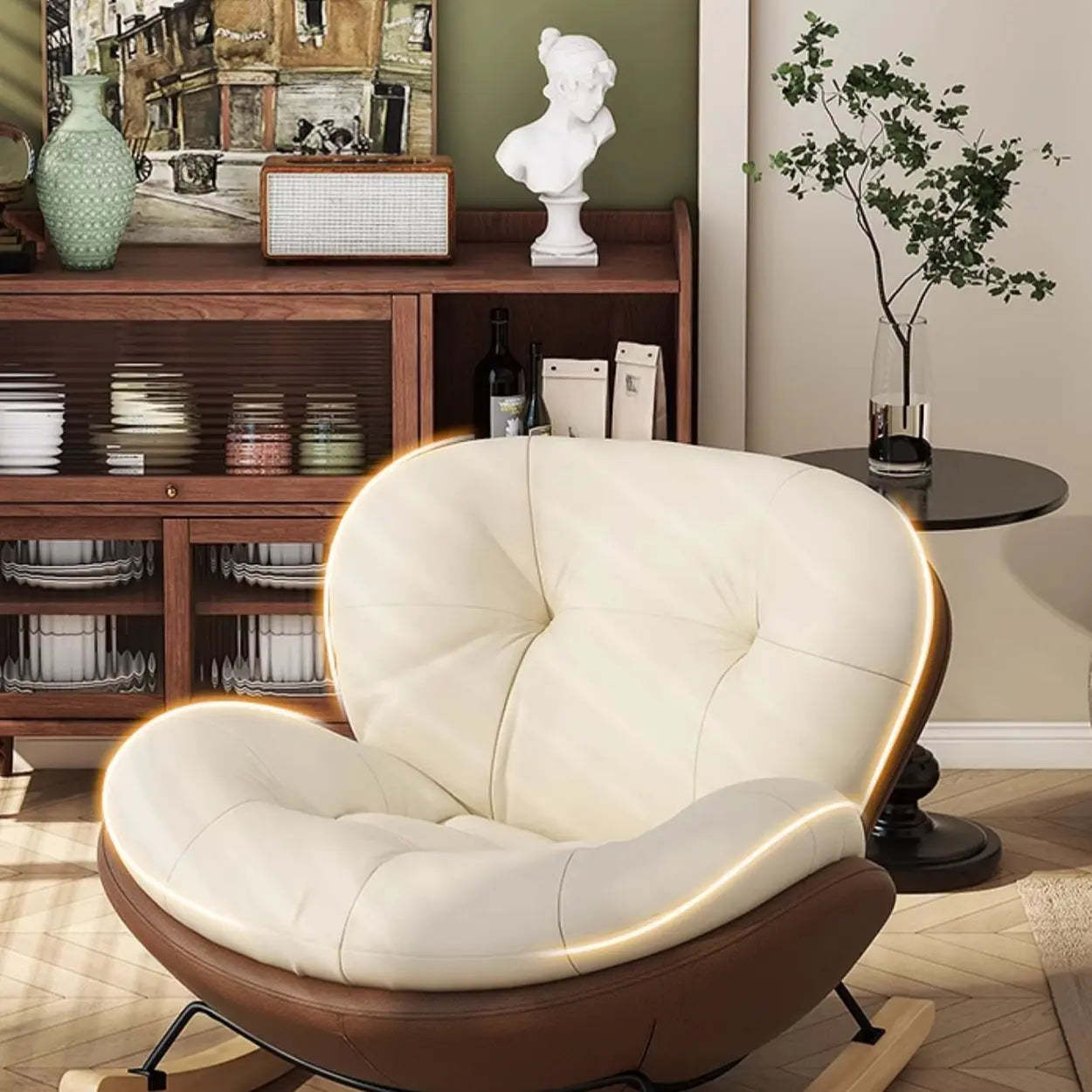 Coffee Stain-Resistant Tufted Natural Leg Rocking Chair — Coffee / Rocking Chair with Ottomans
