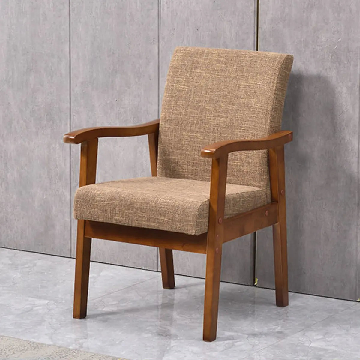 Coffee Wood Frame Upholstered Dining Arm Chair