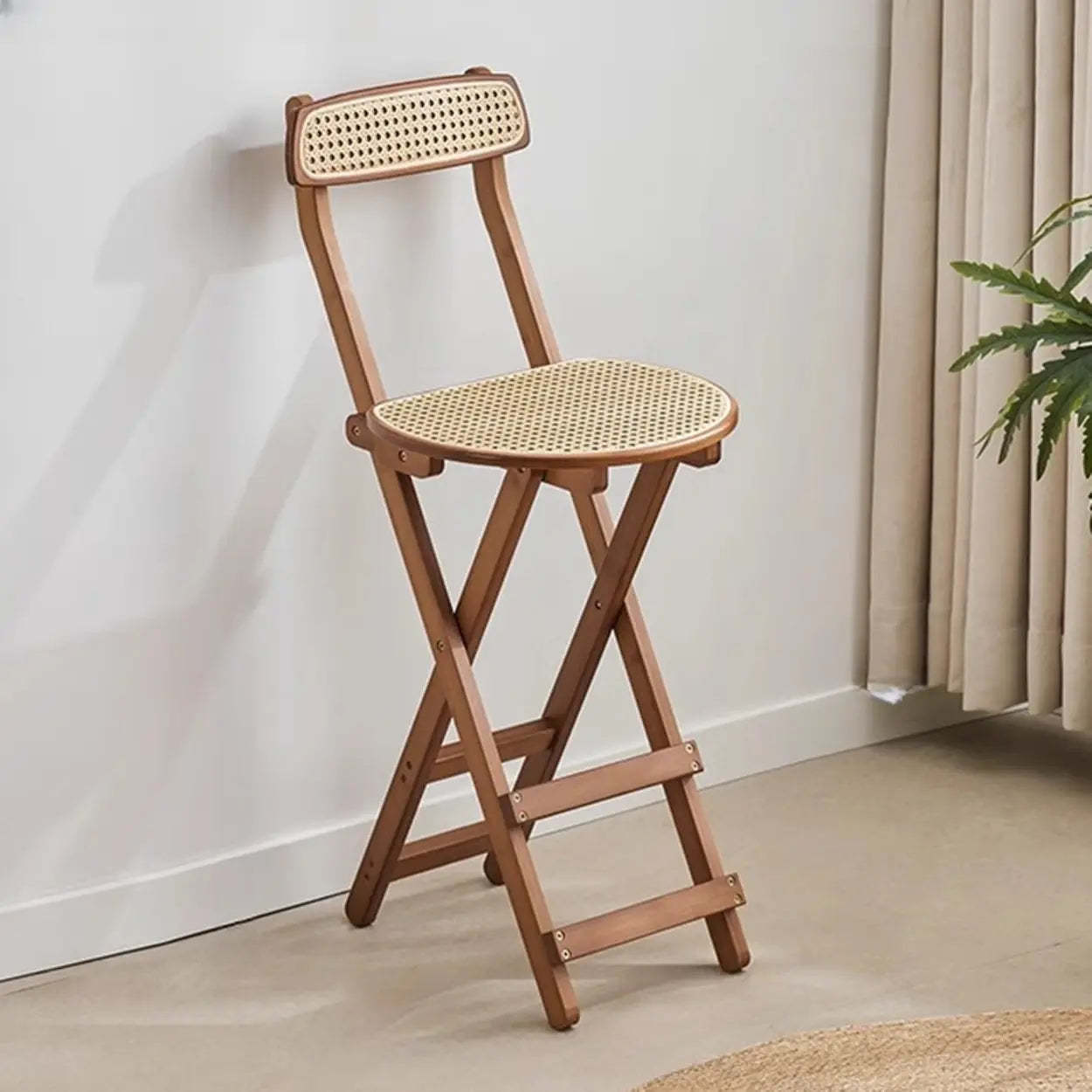 Collapsible Wood Bucket Bar Stool with Footrest — Rattan / Tan