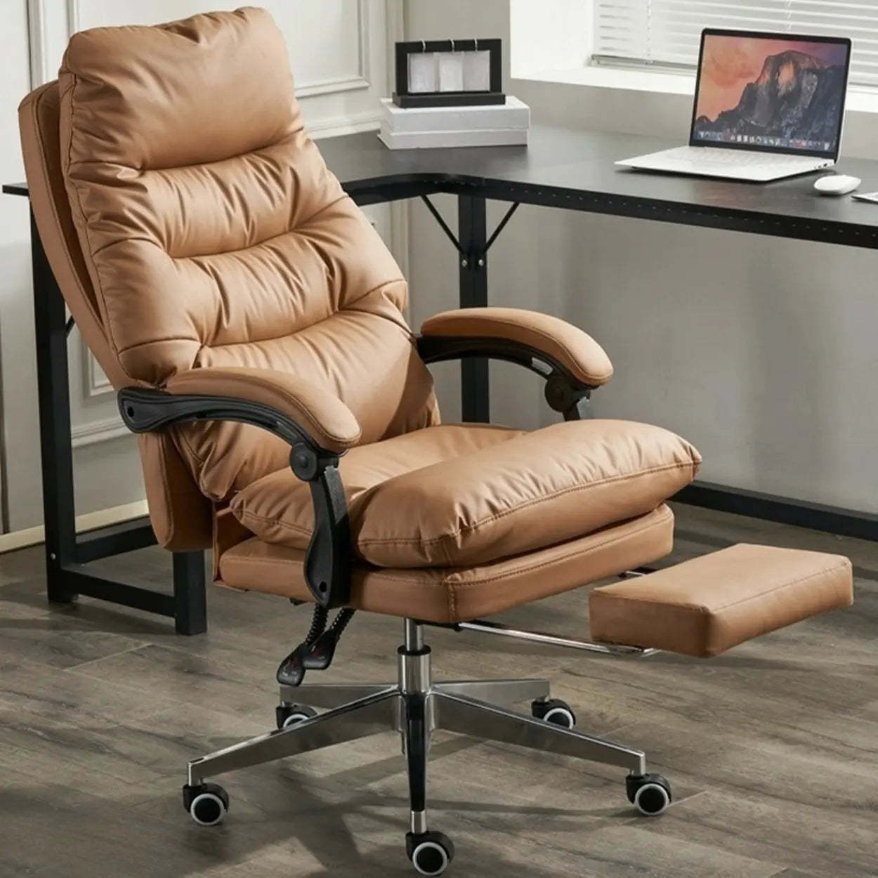 Reclining Leather Executive Office Chair — Black / Anti Cat Scratch Leather / With Footrest