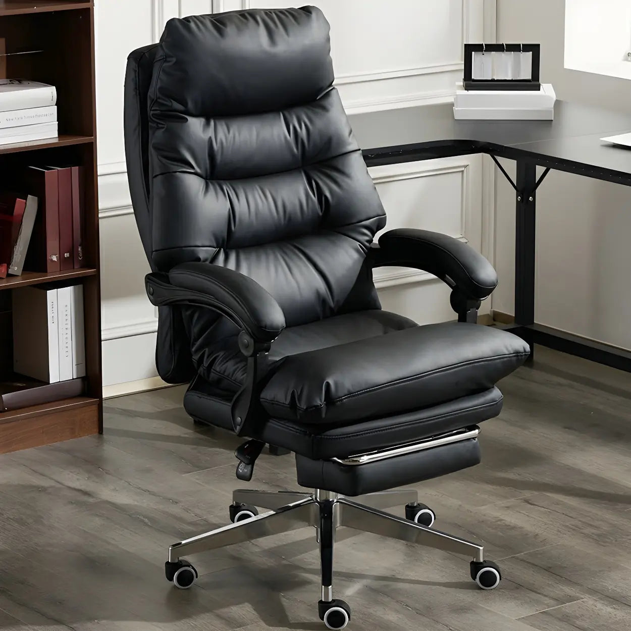 Reclining Leather Executive Office Chair — Black / Anti Cat Scratch Leather / Without Footrest