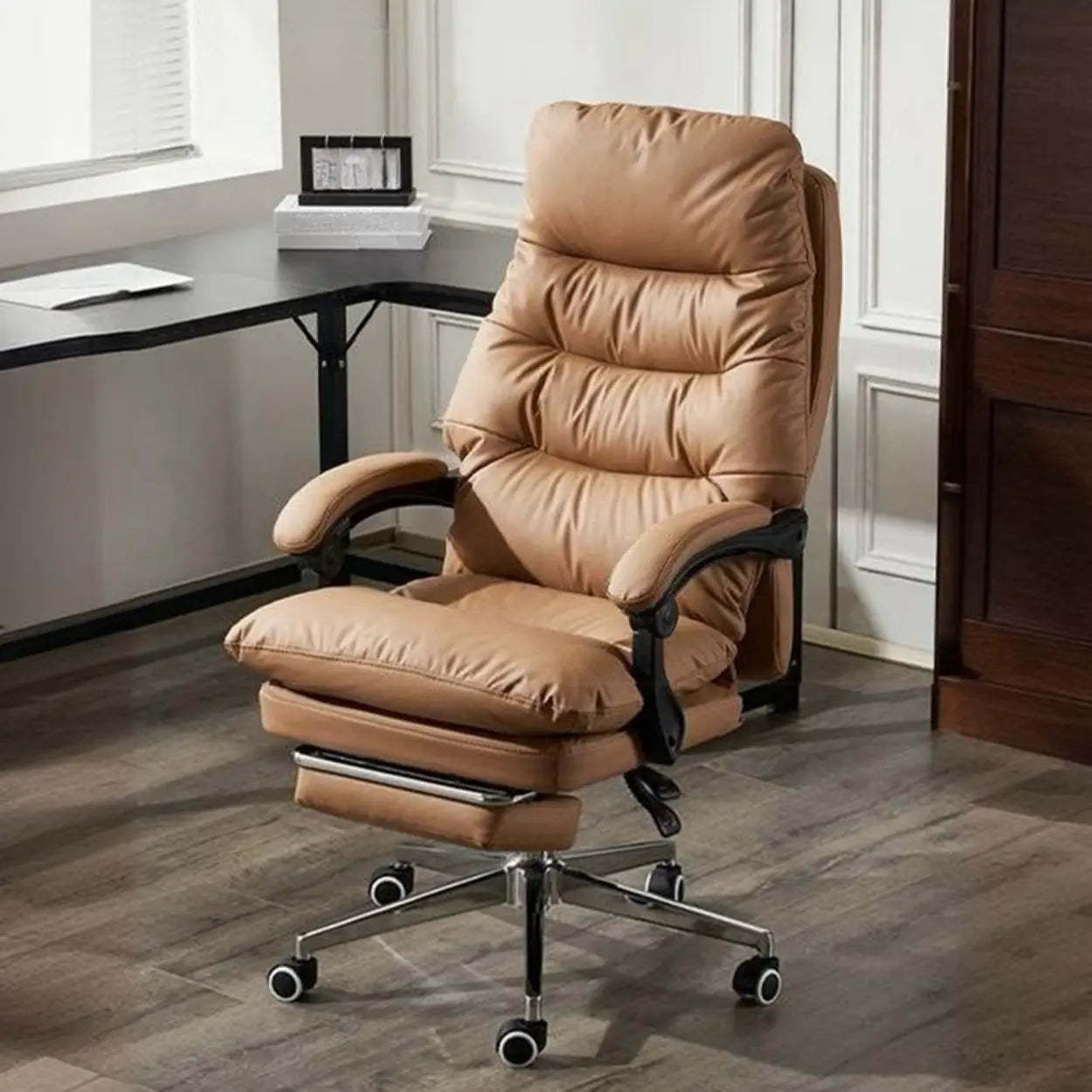 Reclining Leather Executive Office Chair — Black / Cow Leather / With Footrest