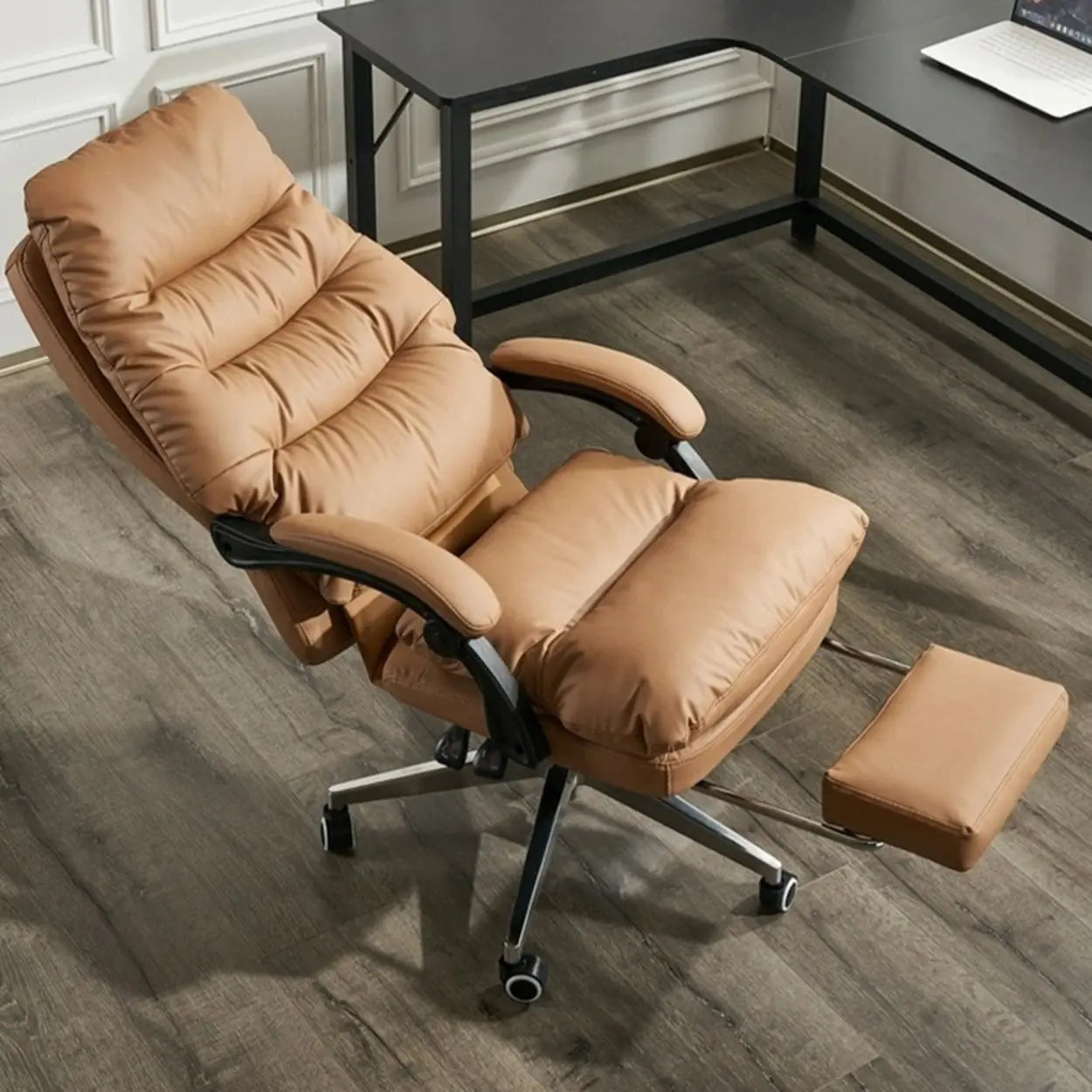 Reclining Leather Executive Office Chair — Light Brown / Cow Leather / With Footrest