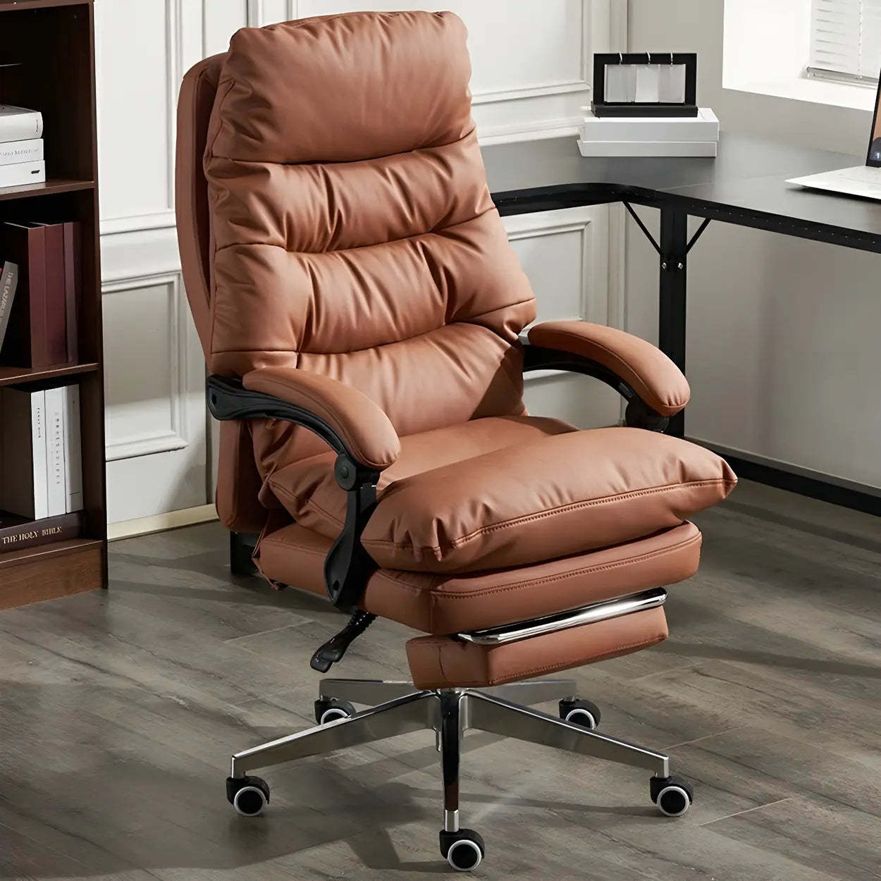 Reclining Leather Executive Office Chair — Red Brown / Anti Cat Scratch Leather / With Footrest