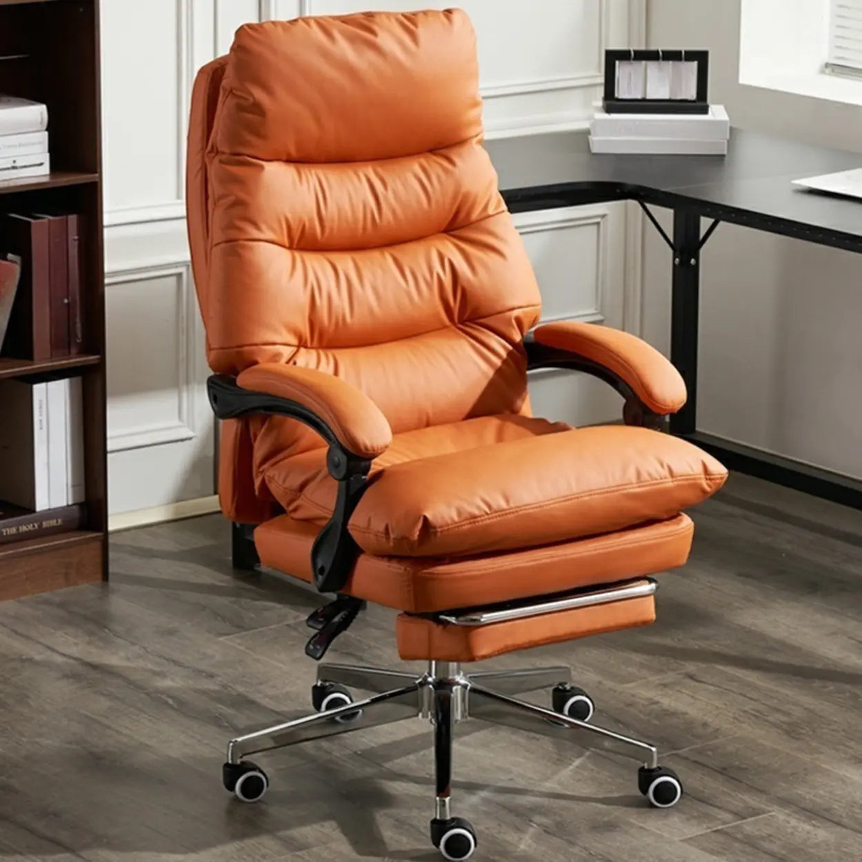 Reclining Leather Executive Office Chair — Red Brown / Cow Leather / With Footrest